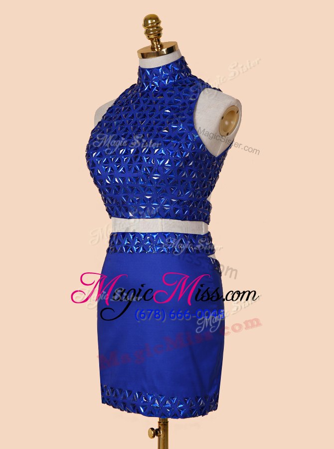 wholesale backless royal blue sleeveless beading mini length prom party dress