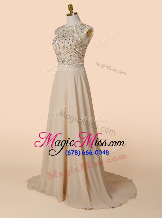 wholesale elegant scoop sleeveless with train beading backless with champagne brush train