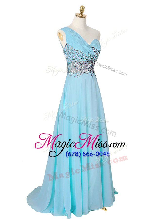 wholesale most popular one shoulder light blue sleeveless brush train beading with train prom evening gown