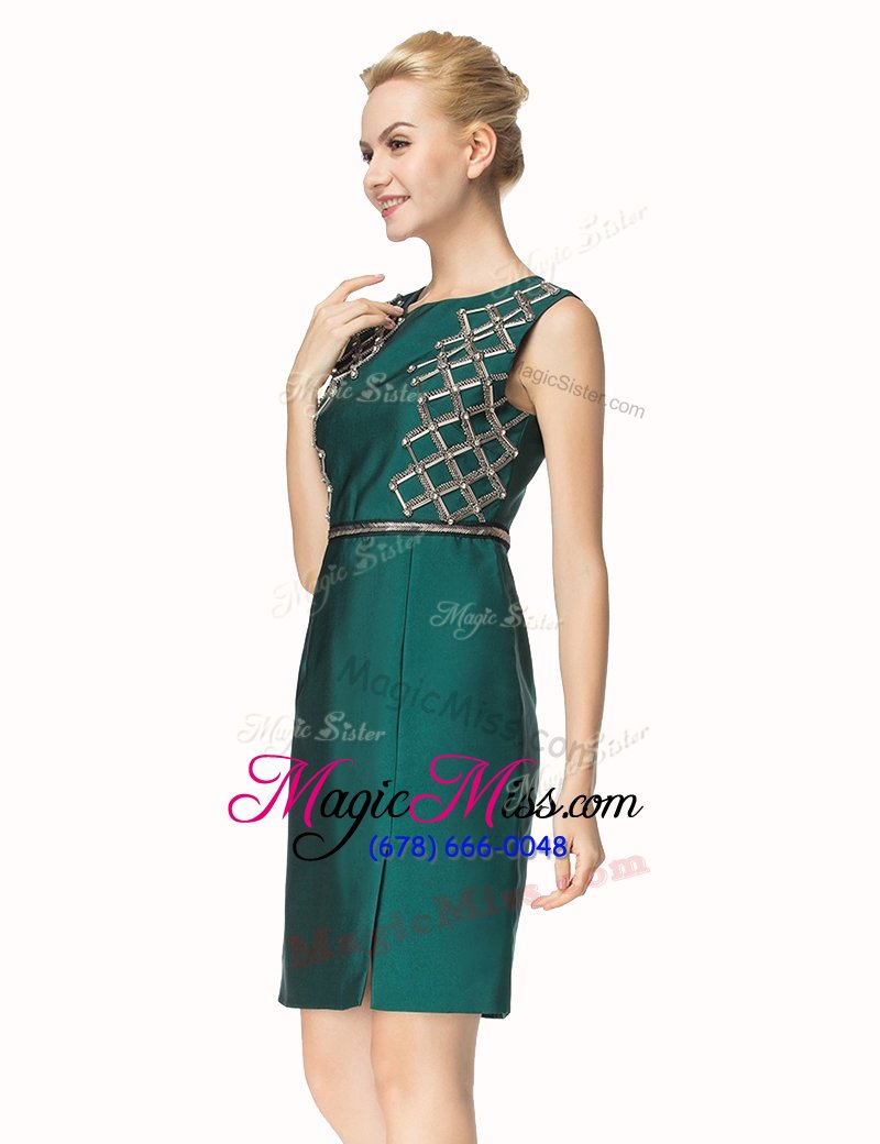 wholesale trendy dark green column/sheath satin bateau sleeveless beading knee length zipper dress for prom