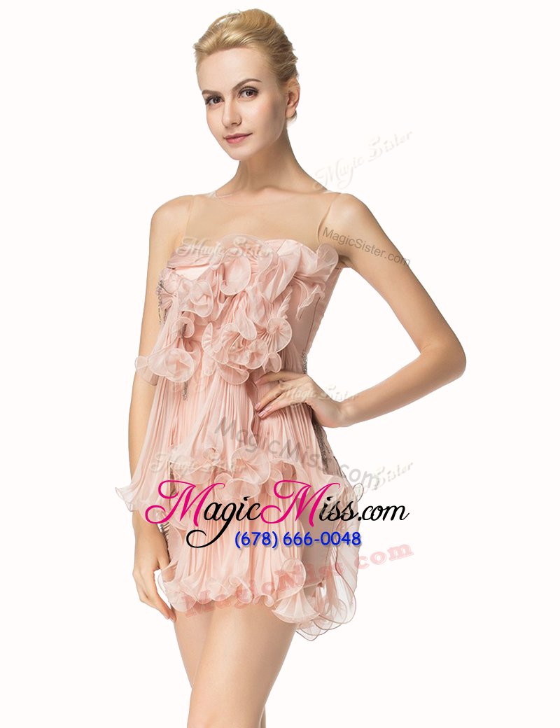 wholesale deluxe scoop beading and pleated dress for prom pink side zipper sleeveless mini length
