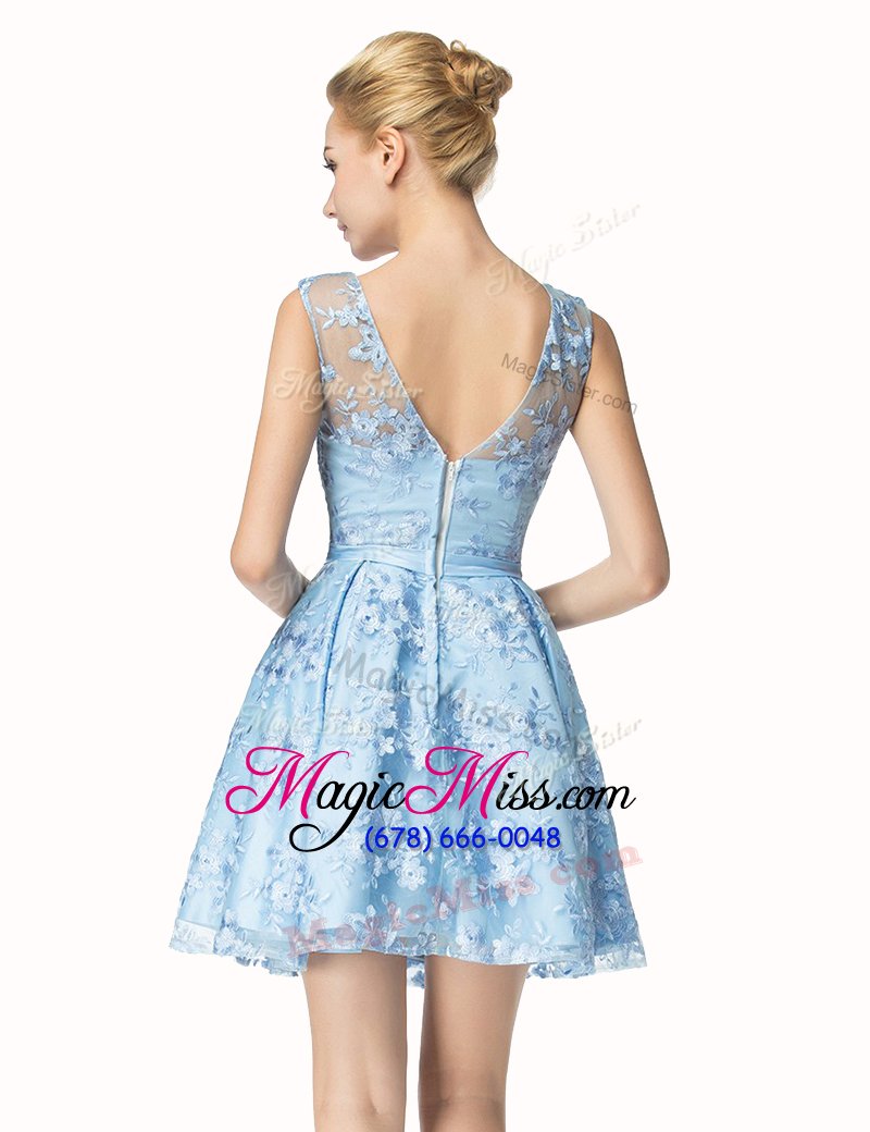 wholesale superior scoop lace sleeveless mini length bowknot zipper teens party dress with light blue