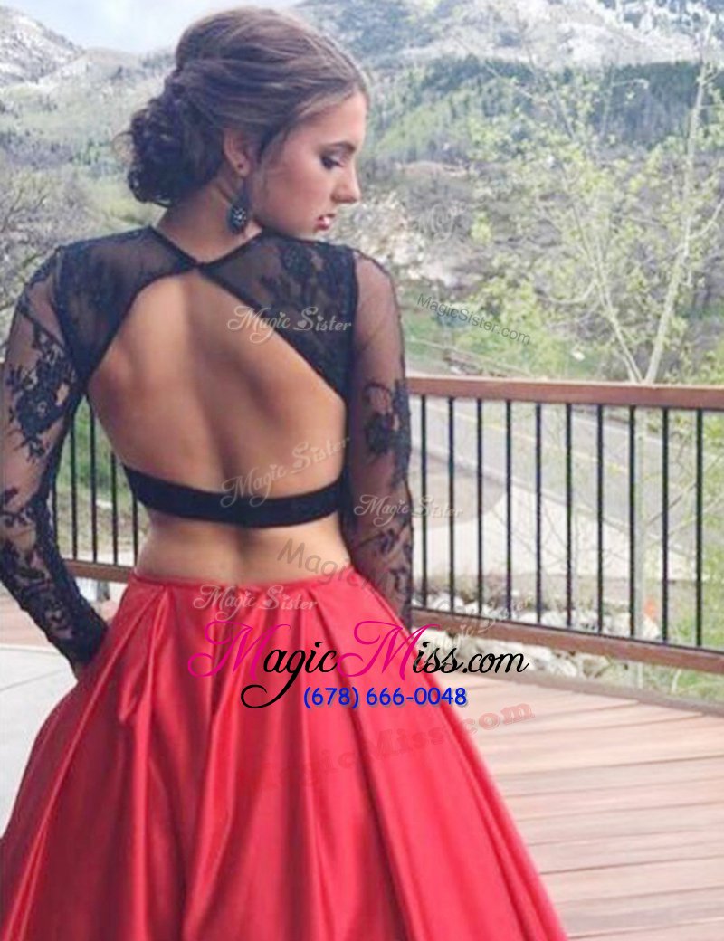 wholesale charming red satin backless military ball gowns long sleeves floor length lace