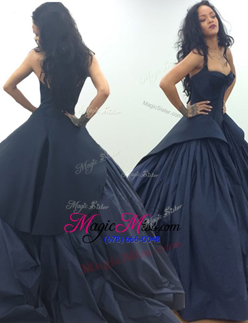 wholesale stunning sleeveless taffeta floor length zipper hoco dress in navy blue for with ruching