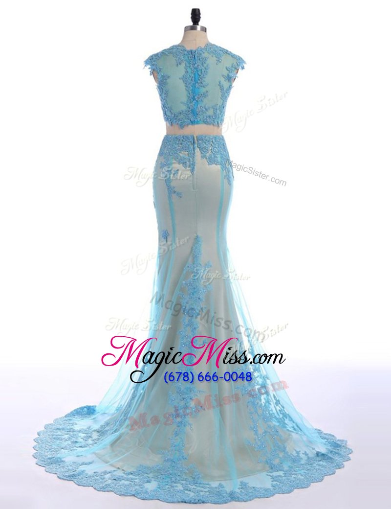 wholesale dynamic mermaid lace prom party dress blue zipper sleeveless with brush train
