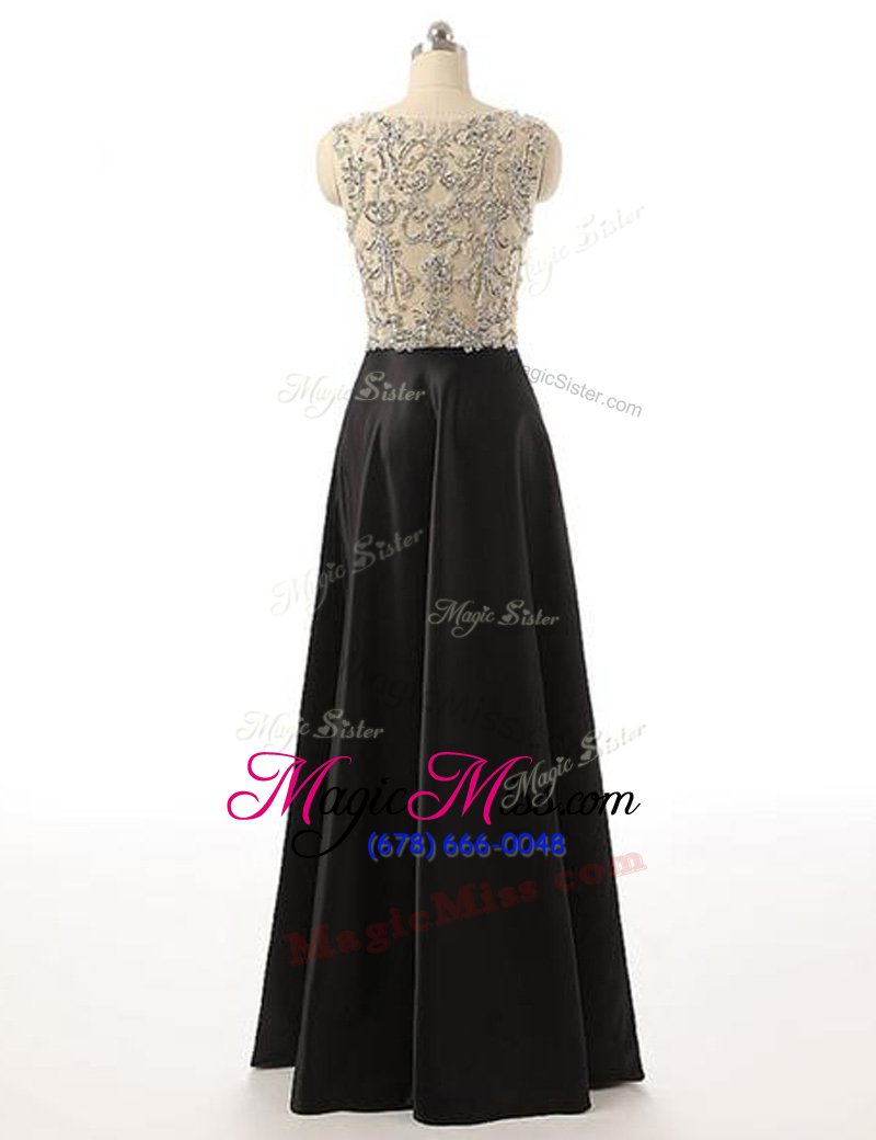 wholesale black a-line scoop sleeveless satin floor length side zipper beading evening dress