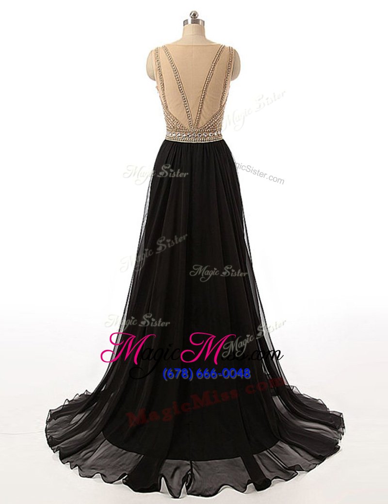 wholesale beauteous black empire v-neck sleeveless tulle with brush train side zipper beading homecoming dress