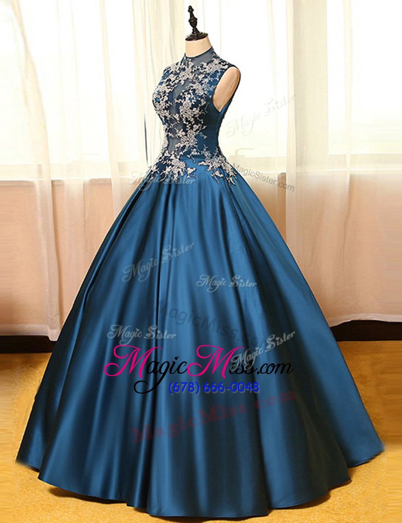 wholesale inexpensive floor length backless military ball dresses blue and in for prom and party with appliques