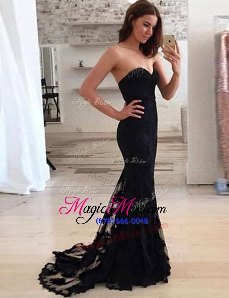 wholesale sweet mermaid lace black sweetheart neckline appliques prom dress sleeveless zipper