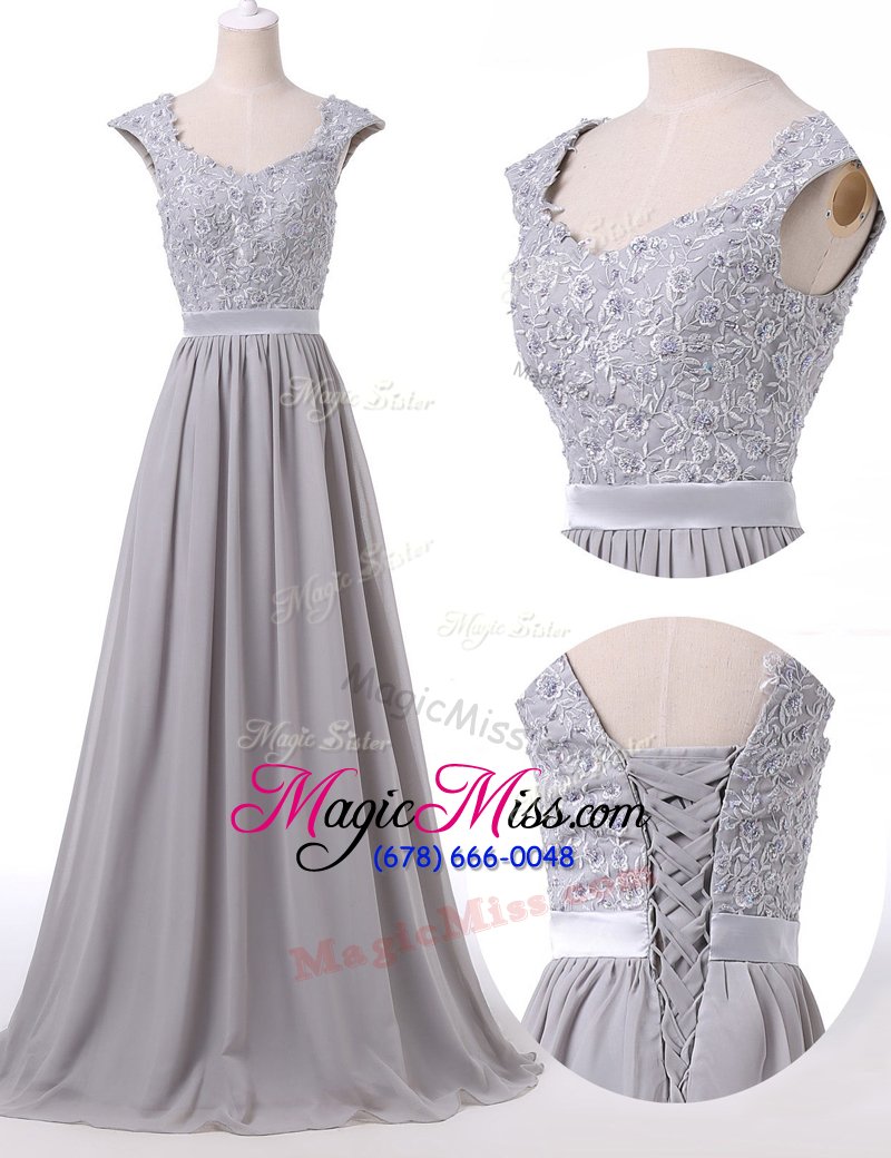 wholesale clearance scoop cap sleeves floor length lace up mother of the bride dress grey and in for prom with lace and pleated