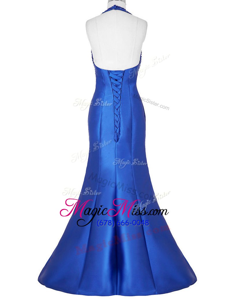 wholesale mermaid halter top beading prom dresses royal blue lace up sleeveless floor length