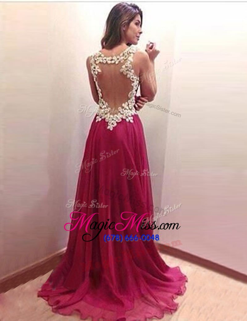 wholesale classical scoop burgundy sleeveless appliques side zipper prom gown