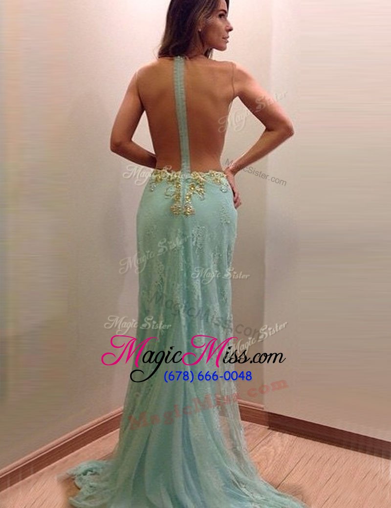 wholesale hot sale turquoise zipper scoop beading dress for prom lace sleeveless brush train