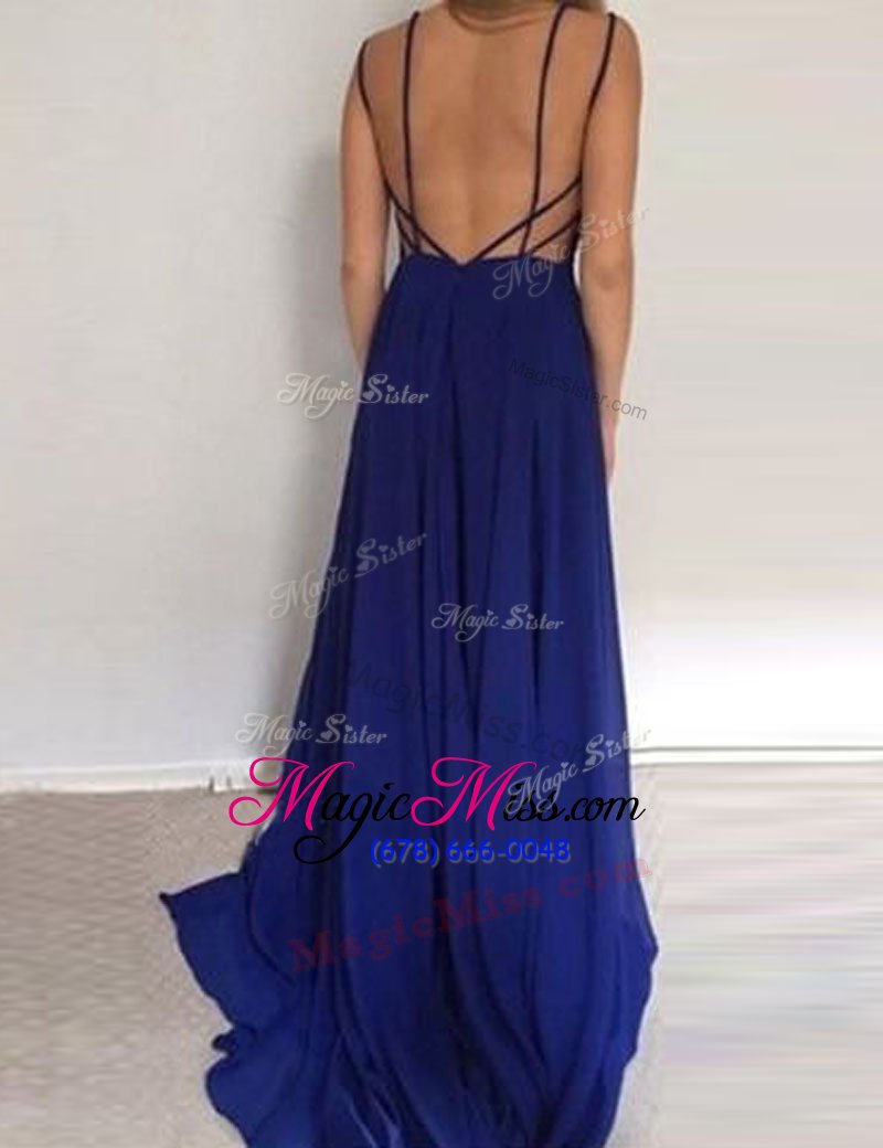 wholesale artistic scoop backless royal blue military ball gowns chiffon brush train sleeveless ruching