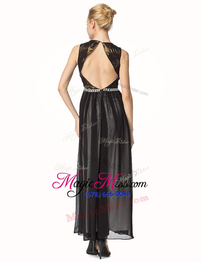 wholesale black a-line chiffon v-neck sleeveless beading and pleated ankle length backless evening dress