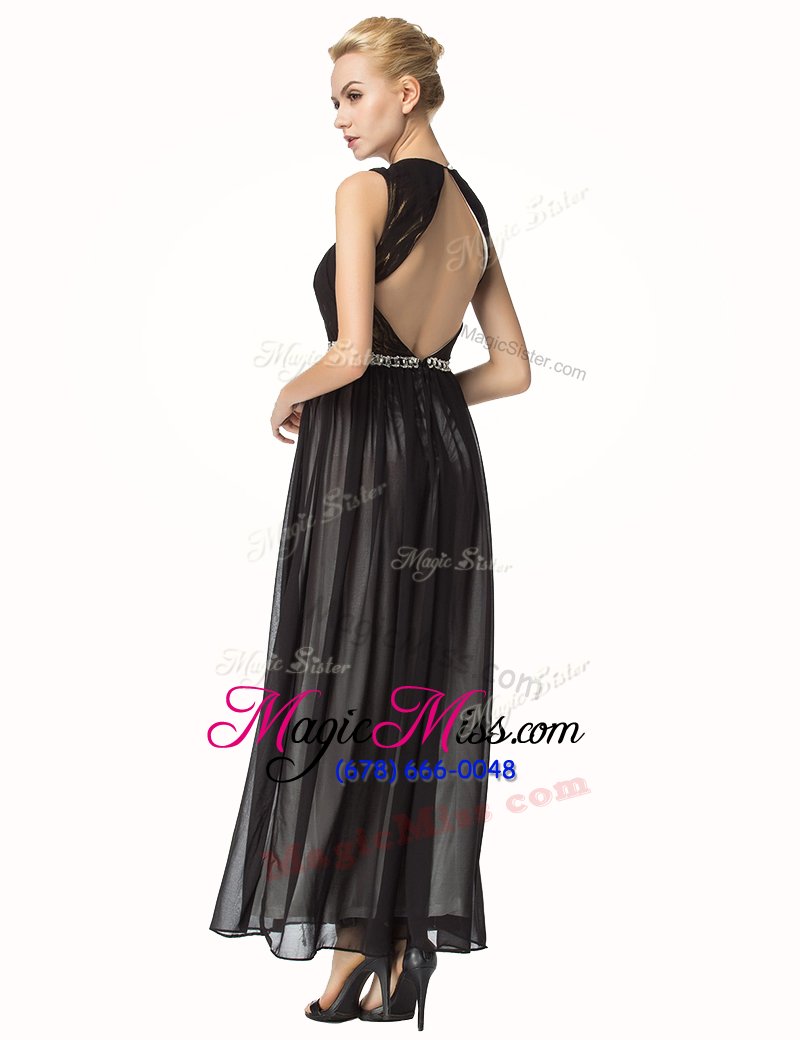 wholesale black a-line chiffon v-neck sleeveless beading and pleated ankle length backless evening dress