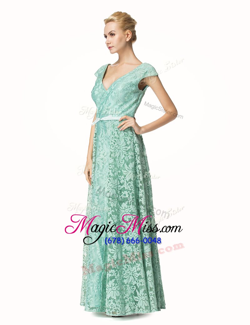 wholesale best selling lace cap sleeves pleated zipper evening dress with turquoise