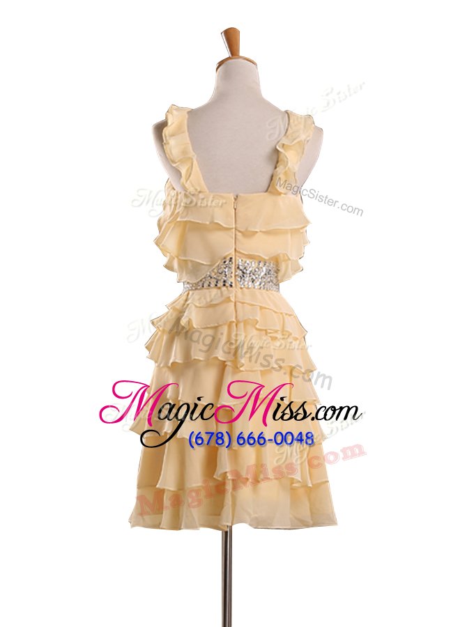 wholesale ideal halter top sleeveless prom dresses knee length beading and ruffles yellow chiffon