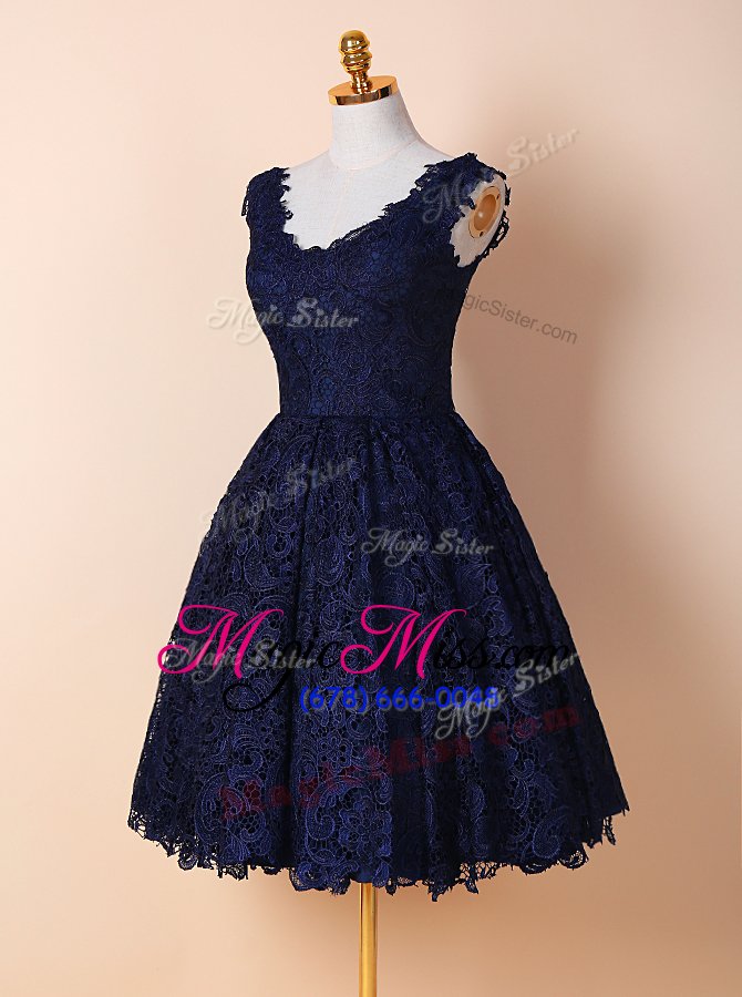wholesale modest lace v-neck sleeveless zipper lace hoco dress in blue and navy blue