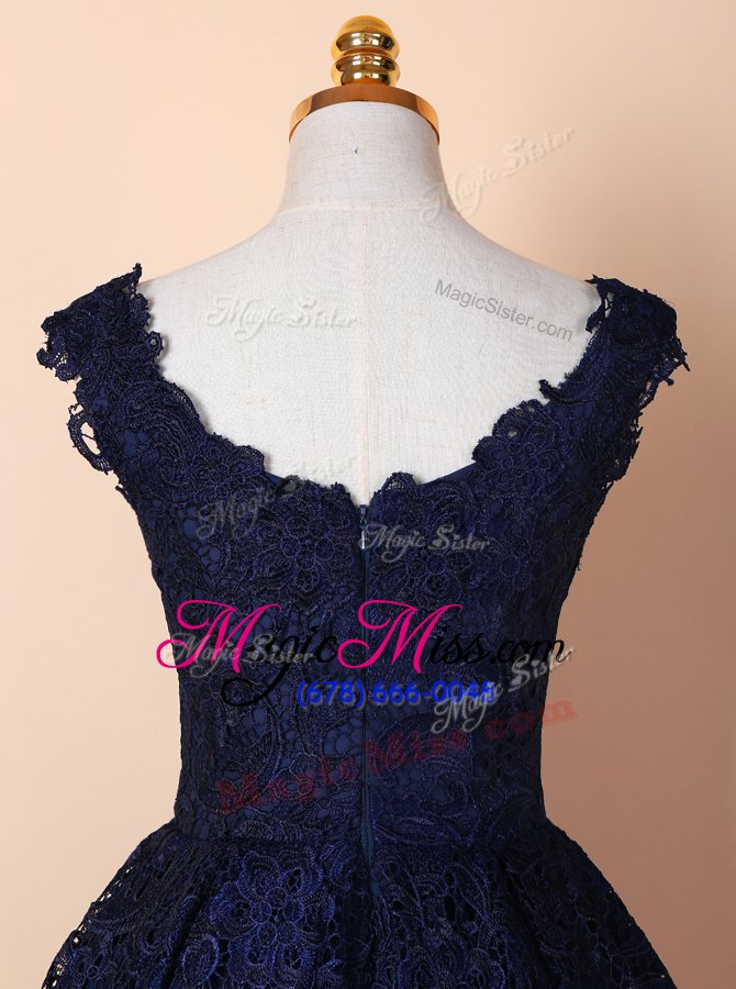 wholesale modest lace v-neck sleeveless zipper lace hoco dress in blue and navy blue