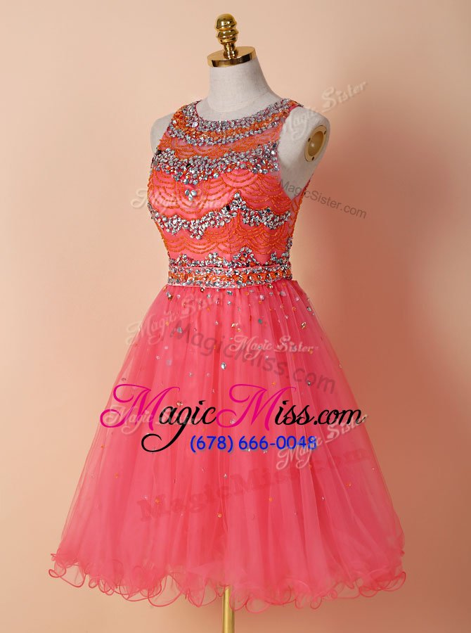 wholesale edgy tulle scoop sleeveless zipper beading prom evening gown in watermelon red