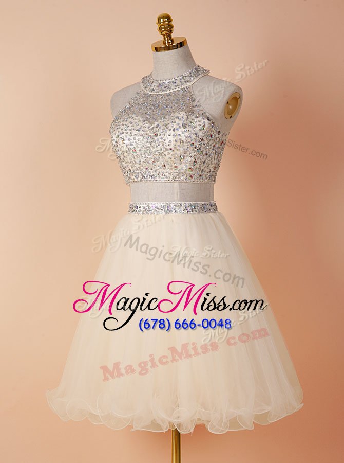 wholesale cheap champagne backless scoop beading dress for prom tulle sleeveless