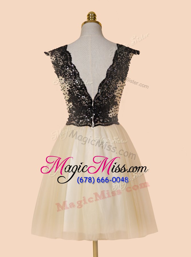 wholesale shining sequins knee length a-line cap sleeves champagne prom dress zipper