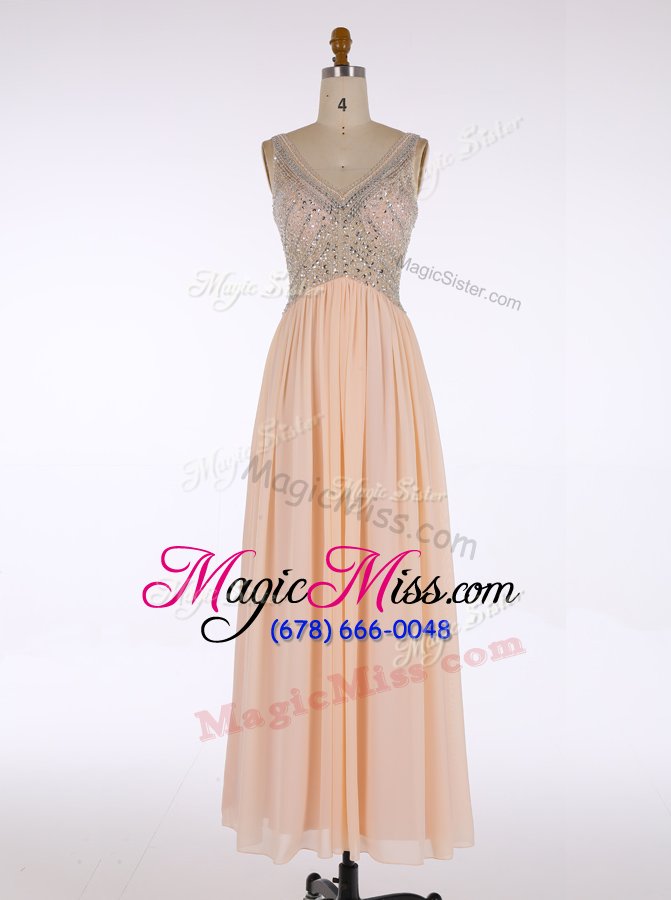 wholesale sweet pink chiffon zipper prom evening gown sleeveless floor length beading