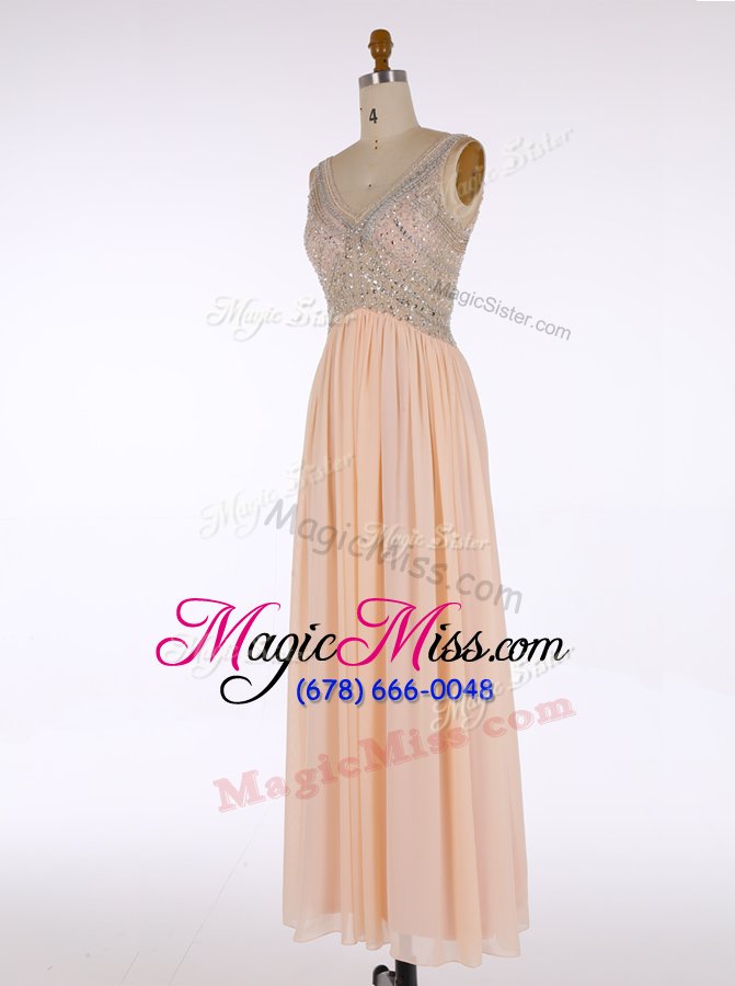 wholesale sweet pink chiffon zipper prom evening gown sleeveless floor length beading