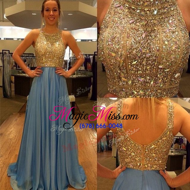 wholesale trendy blue a-line scoop sleeveless chiffon with brush train zipper sequins prom party dress