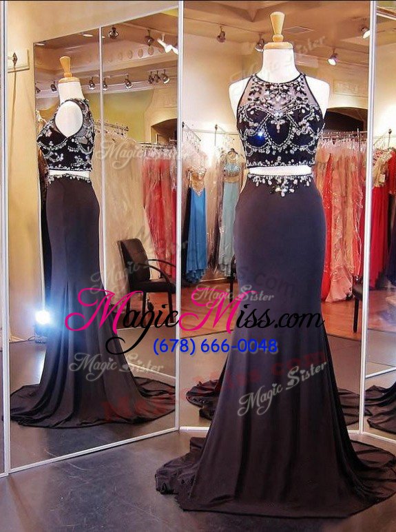 wholesale traditional scoop black two pieces beading and appliques prom dress zipper chiffon sleeveless with train