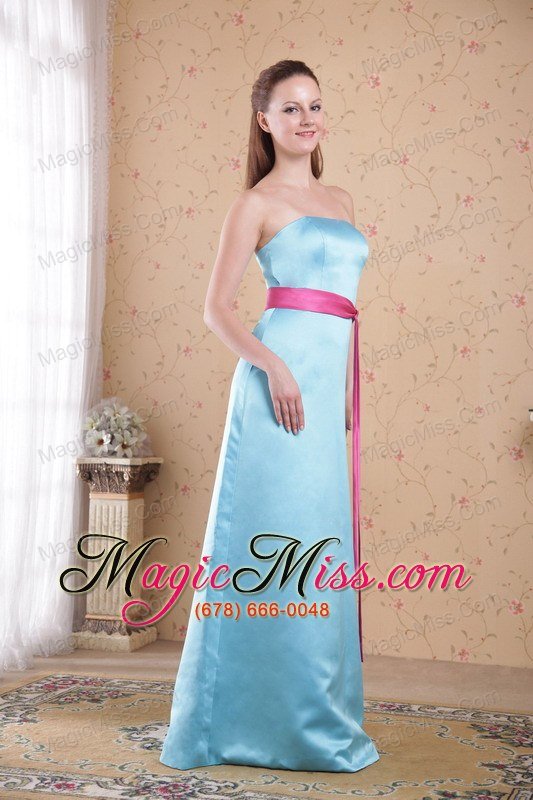 wholesale aqua blue empire strapless brush train satin sash bridesmaid dress
