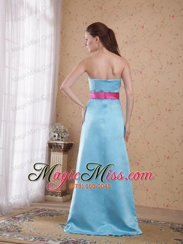 wholesale aqua blue empire strapless brush train satin sash bridesmaid dress