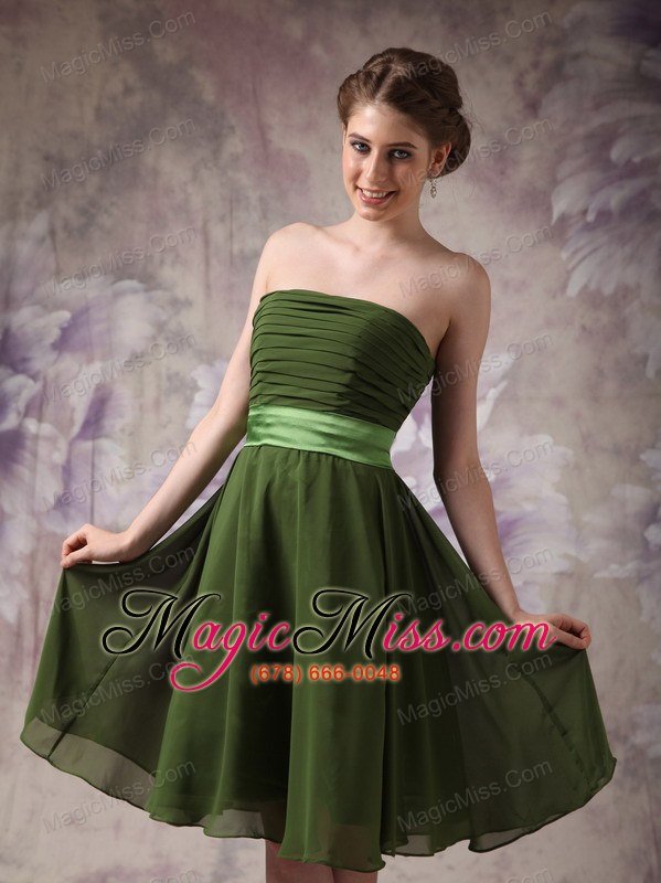 wholesale olive green chiffon strapless short cheap bridesmaid dres with sashes