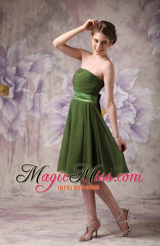 wholesale olive green chiffon strapless short cheap bridesmaid dres with sashes