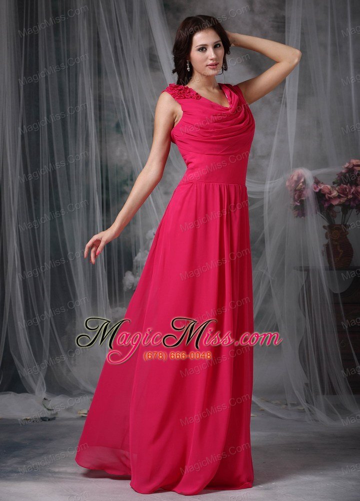 wholesale coral red empire v-neck floor-length chiffon hand made flower prom dress