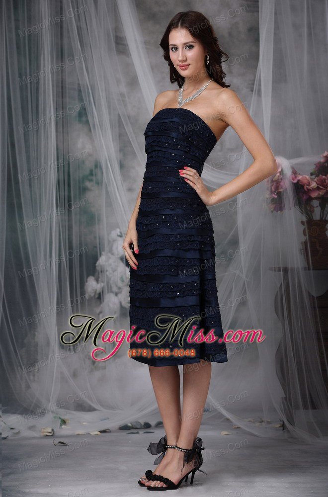 wholesale navy blue a-line strapless knee-length satin ruch bridesmaid dress