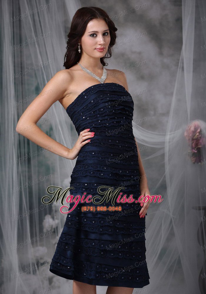 wholesale navy blue a-line strapless knee-length satin ruch bridesmaid dress