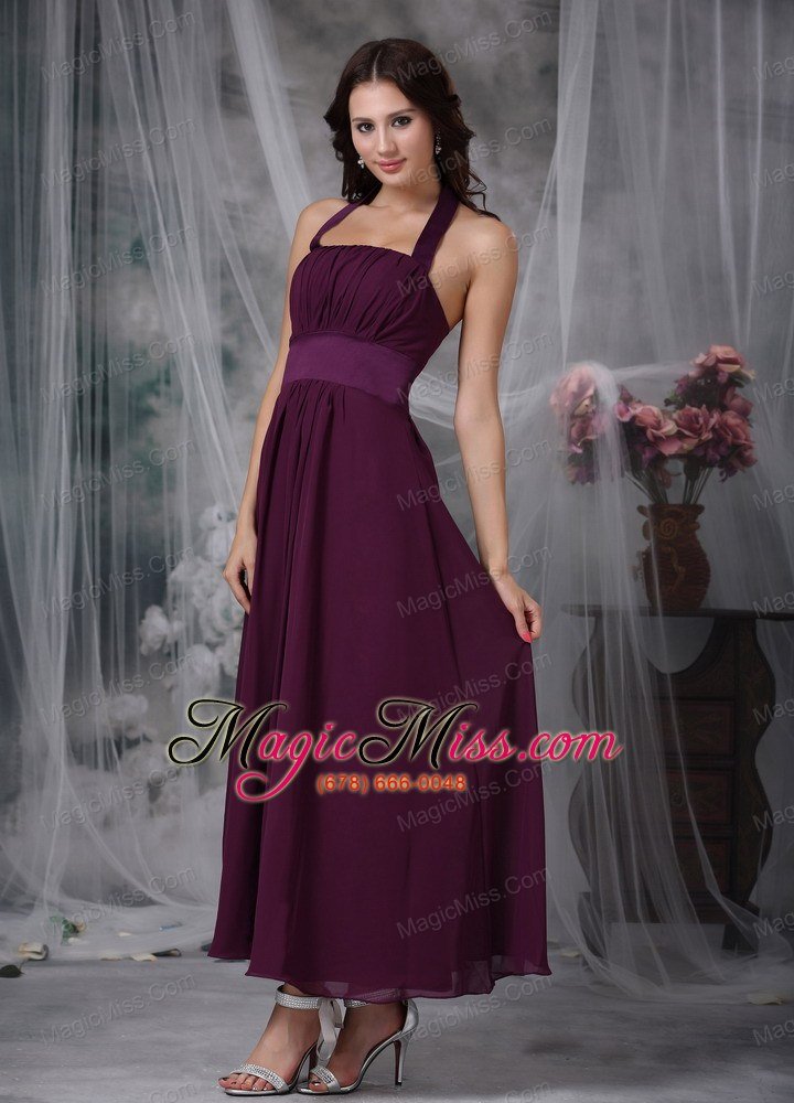 wholesale burgundy empire halter ankle-length chiffon ruch prom / evening dress