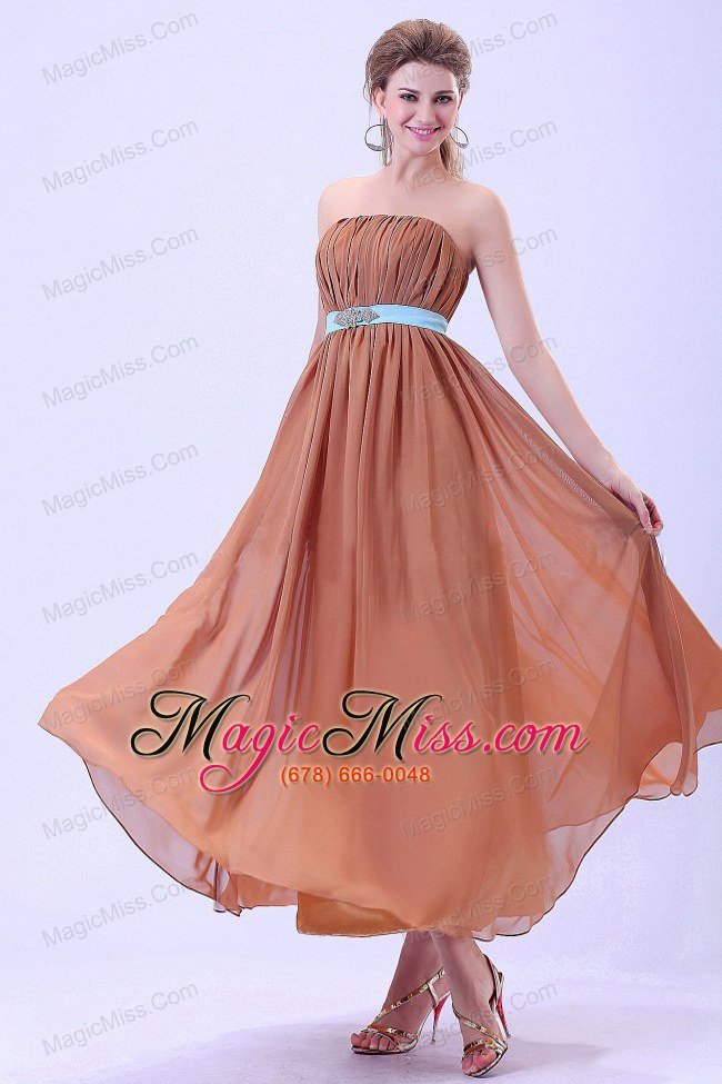 wholesale custom made for rust red prom / evening dress with blue belt and ruching chiffon ankle-length