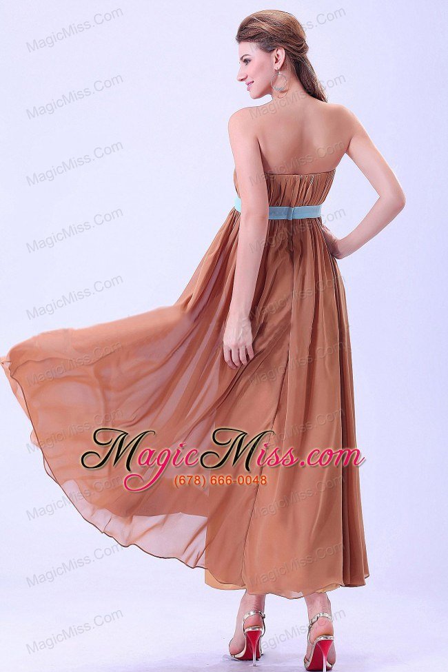 wholesale custom made for rust red prom / evening dress with blue belt and ruching chiffon ankle-length
