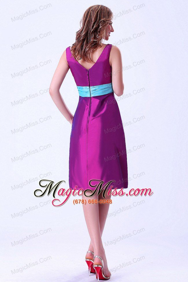 wholesale purple v-neck prom / homecoming dress with blue belt knee-length taffeta