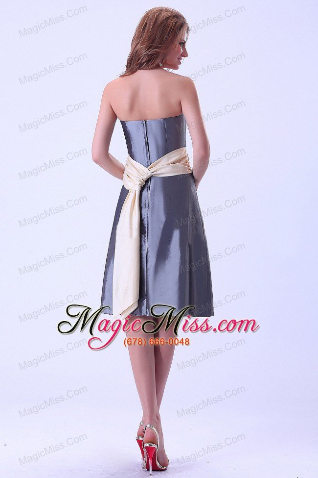wholesale grey bridemaid dress with champagne sash knee-length satin