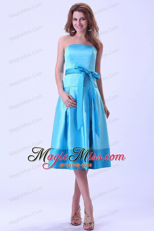 wholesale aqua blue bridemaid dress with sash tea-length satin