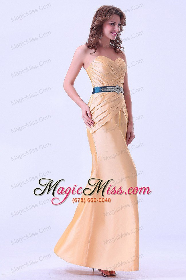 wholesale gold mermaid prom dress with belt and ruching floor-length