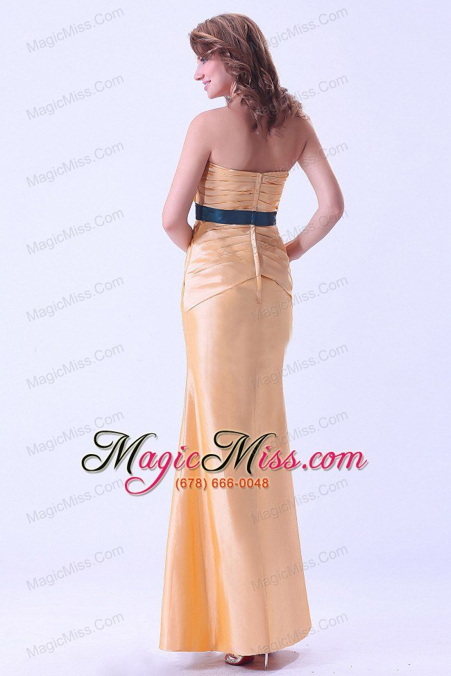 wholesale gold mermaid prom dress with belt and ruching floor-length