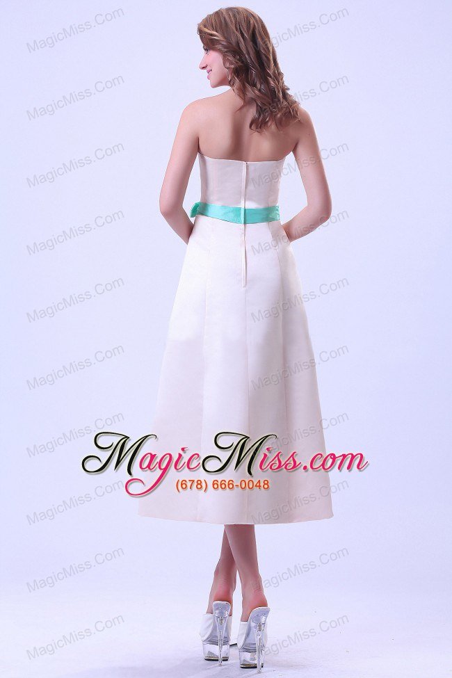 wholesale champagne bridemaid dress with turquoise sash tea-length satin