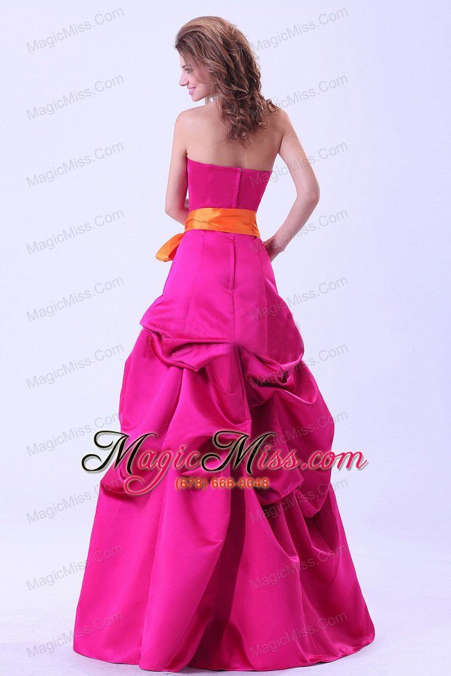 wholesale hot pink prom dress with orange sash and pick-ups a-line floor-length