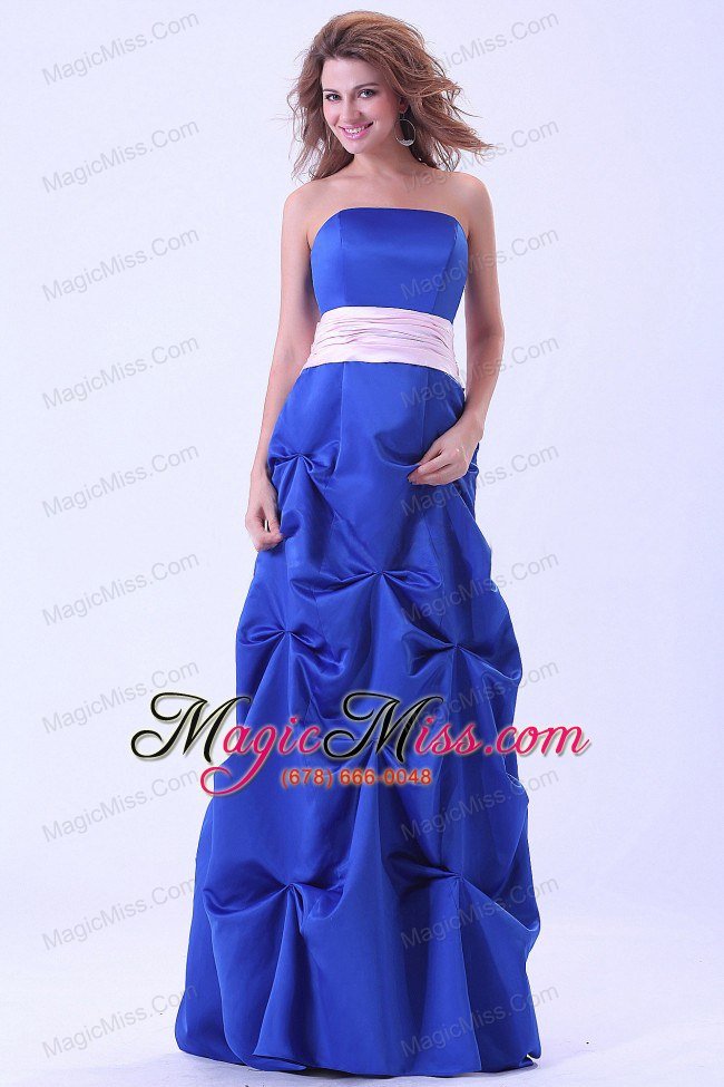 wholesale blue custom made prom dress wth pink sash and pick-ups floor-length