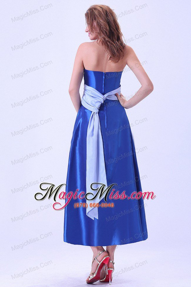 wholesale royal blue bridemaid dress with sash tea-length taffeta